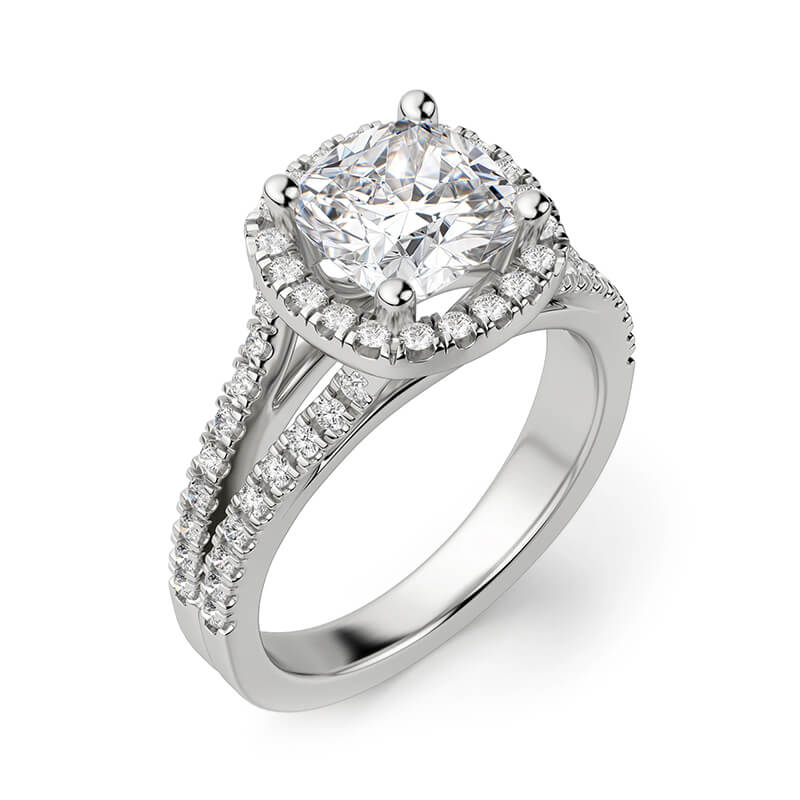 Halo Cushion Cut Moissanite Split Shank Pave Engagement Ring