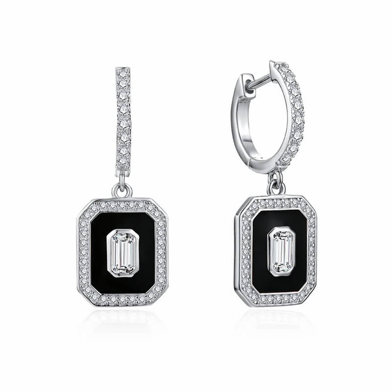 Halo Emerald Cut Moissanite Enamel Pave Drop Earrings In Sterling Silver