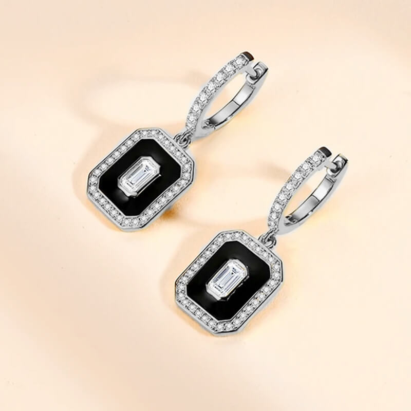 Halo Emerald Cut Moissanite Enamel Pave Drop Earrings In Sterling Silver