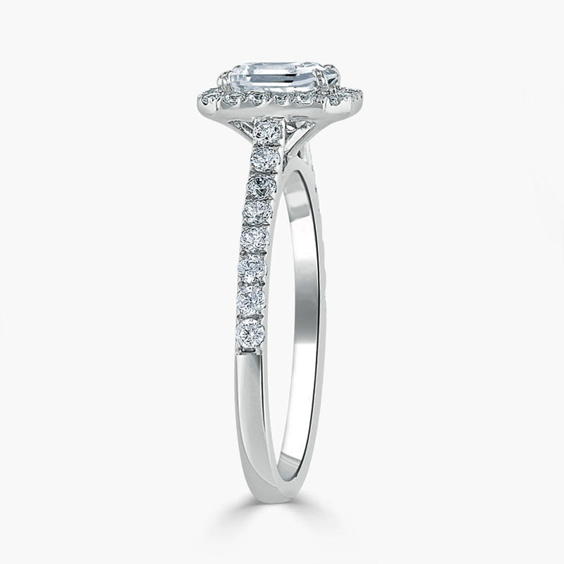 Halo Emerald Cut Moissanite Pave Sterling Silver Engagement Ring