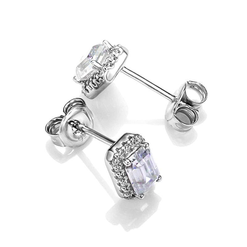 Halo Emerald Cut Moissanite Stud Earrings In Sterling Silver