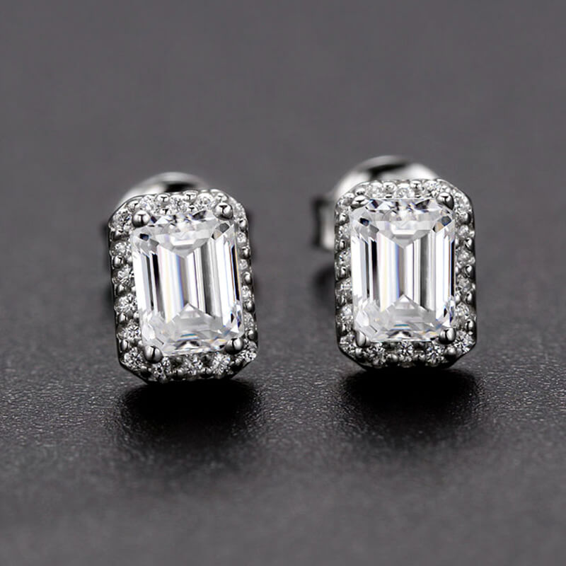 Halo Emerald Cut Moissanite Stud Earrings In Sterling Silver