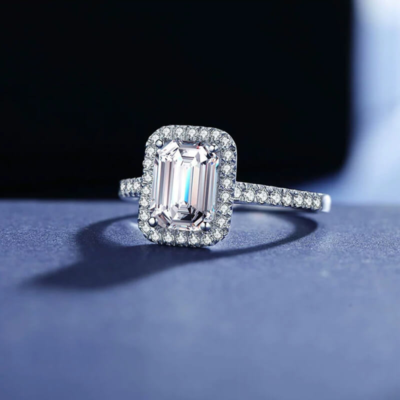 Halo Emerald Cut Moissanite Pave Sterling Silver Engagement Ring