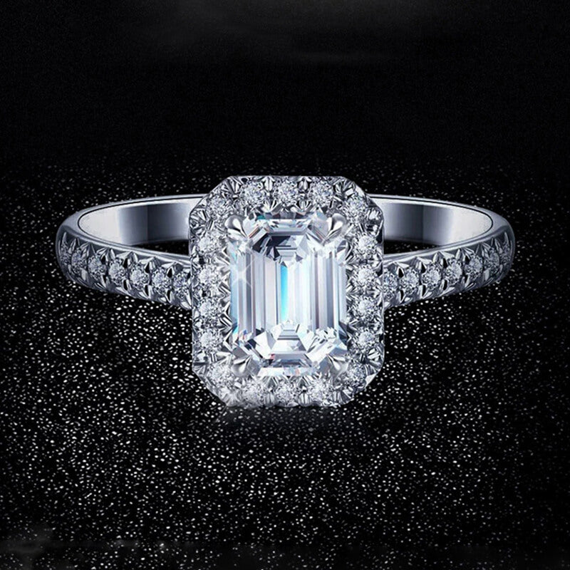 Halo Emerald Cut Moissanite Pave Sterling Silver Engagement Ring