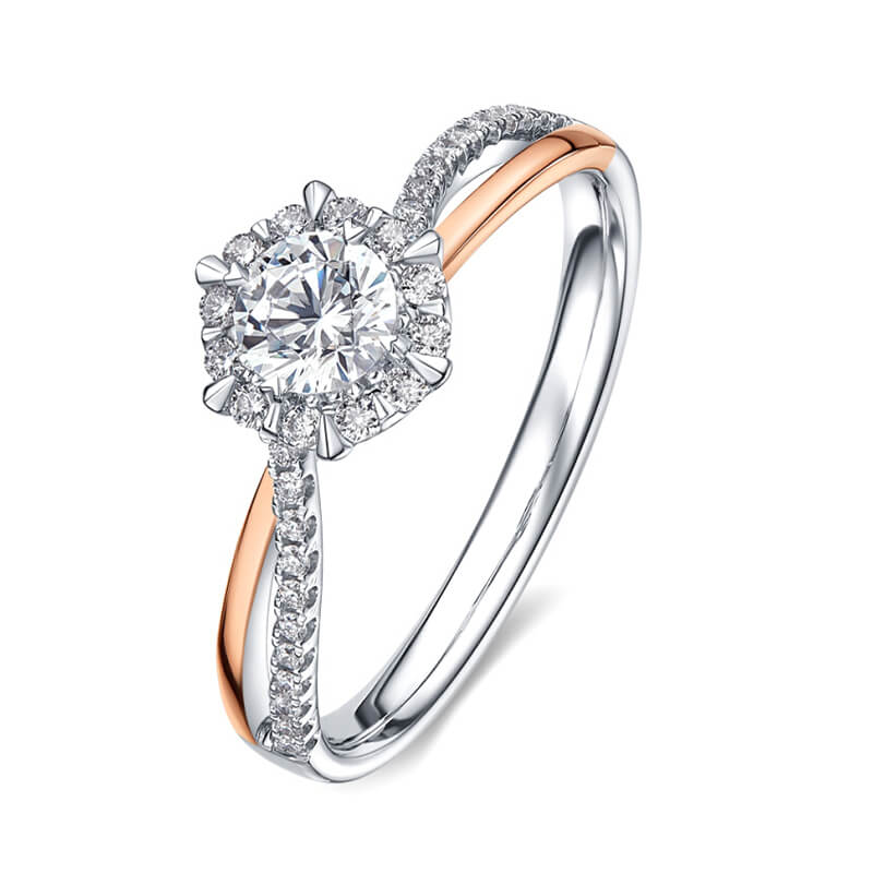 Halo Moissanite Two Tone Split Shank Pave Engagement Ring