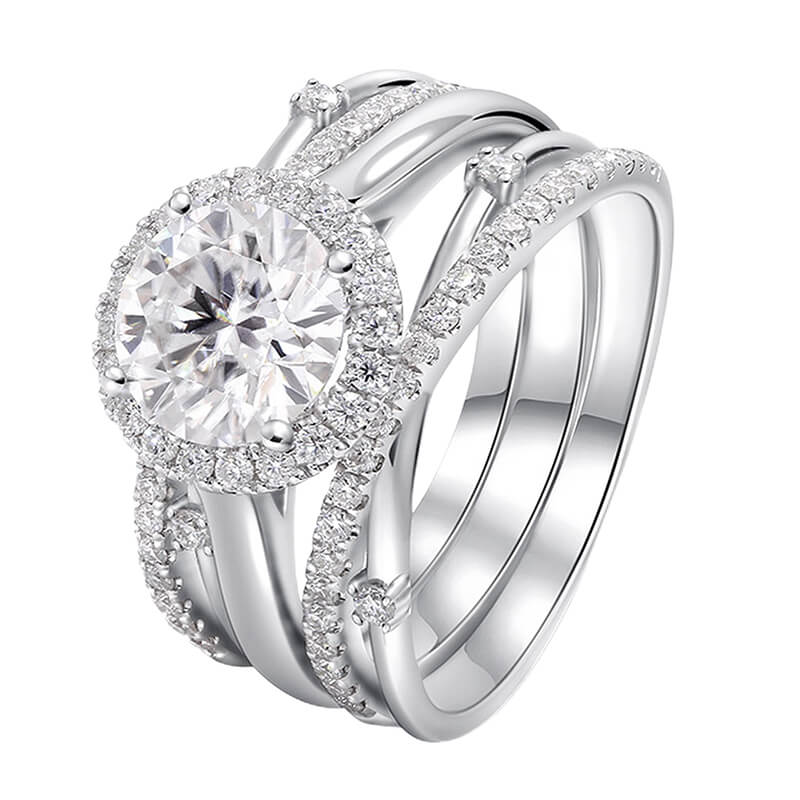 Halo Moissanite With Enhancer Cross Shank Bridal Engagement Ring Set