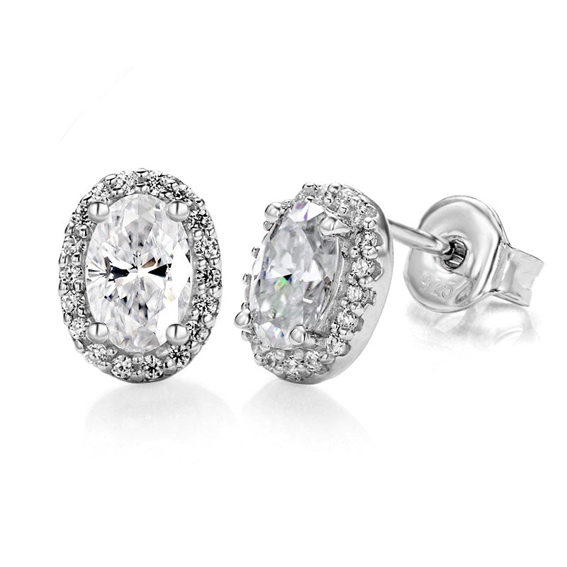 Halo Oval Cut Moissanite Stud Earrings In Sterling Silver