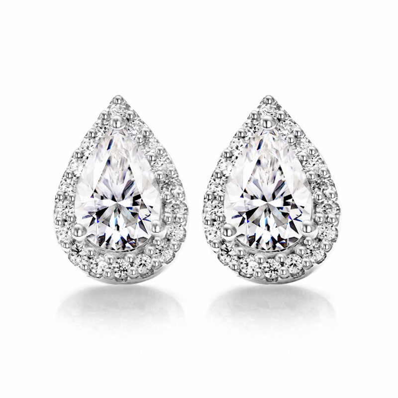 Halo Pear Cut Moissanite Stud Earrings In Sterling Silver