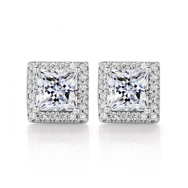 Halo Princess Cut Moissanite Stud Earrings In Sterling Silver