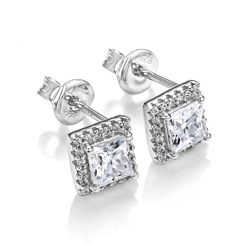 Halo Princess Cut Moissanite Stud Earrings In Sterling Silver