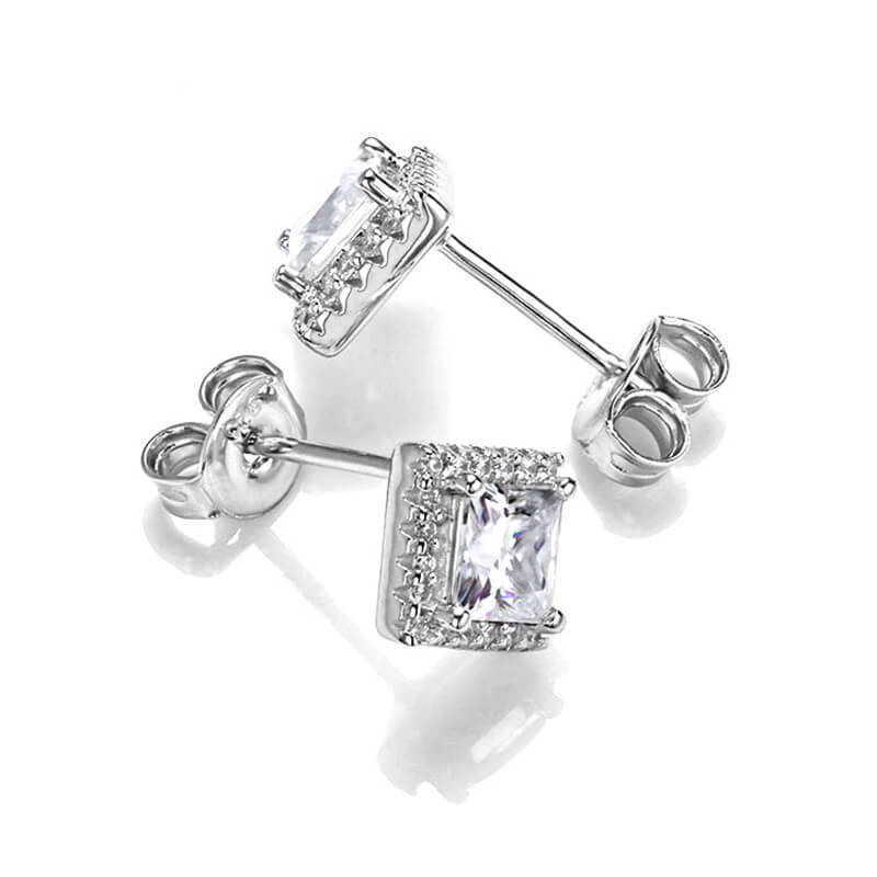 Halo Princess Cut Moissanite Stud Earrings In Sterling Silver