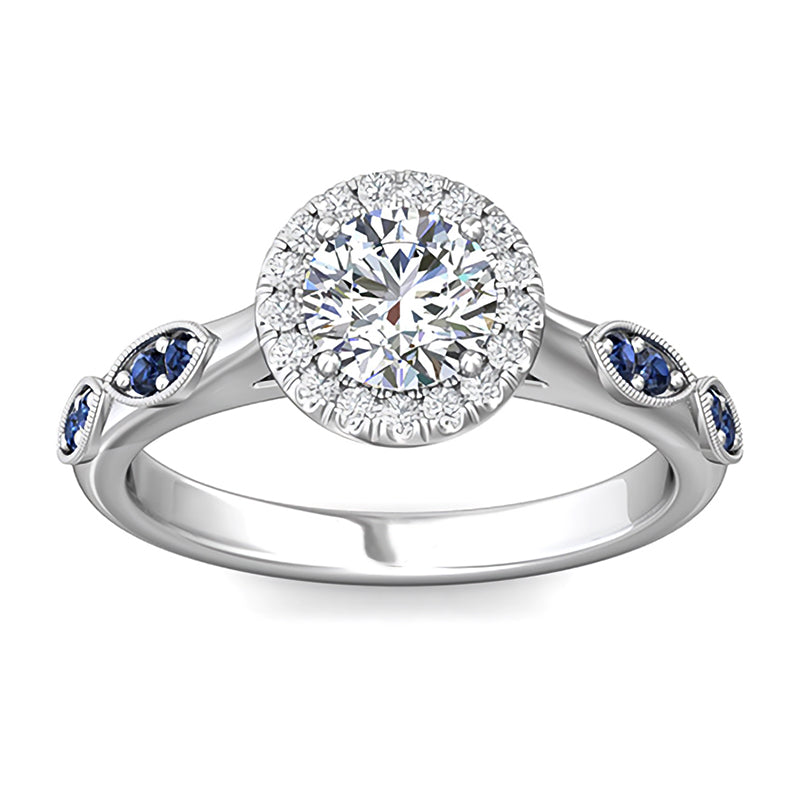 Halo Round Moissanite And Blue Sapphire Accents Engagement Ring