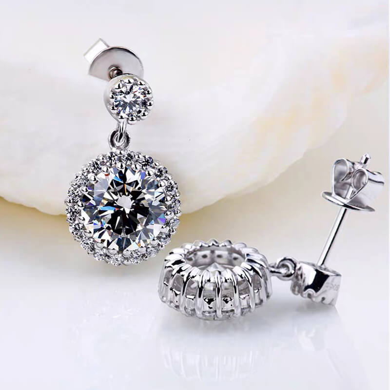 Halo Round Moissanite Drop Earrings In Sterling Silver