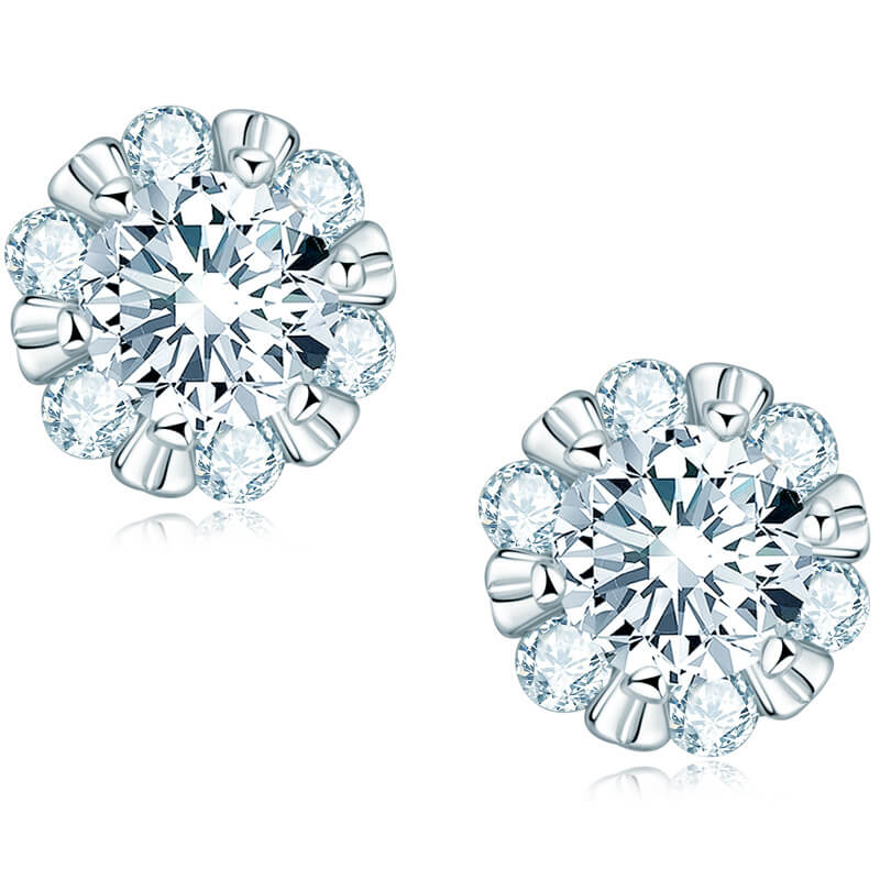 Halo Round Moissanite Flower Stud Earrings In Sterling Silver