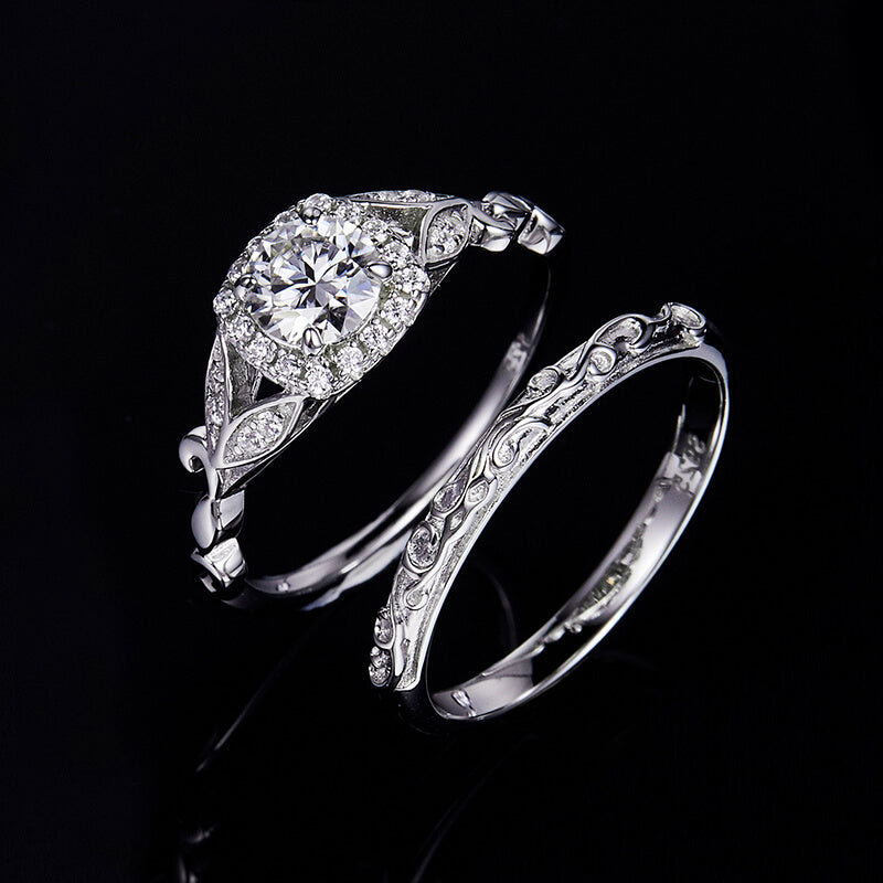 Halo Round Moissanite Scroll  Leaf Accents Bridal Engagement Ring Set