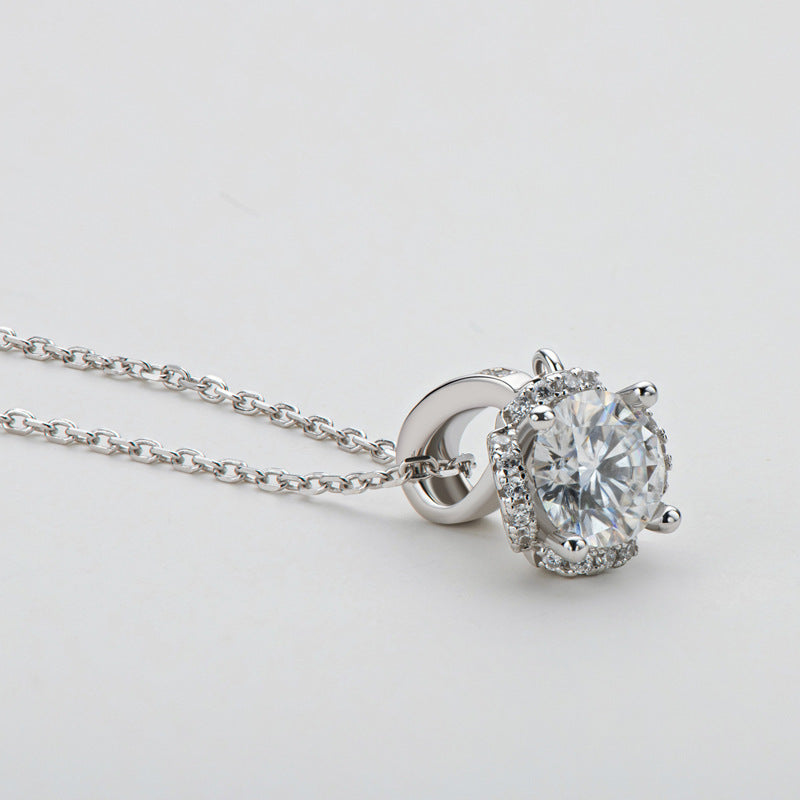 Halo Round Moissanite Sterling Silver Necklace Pendant