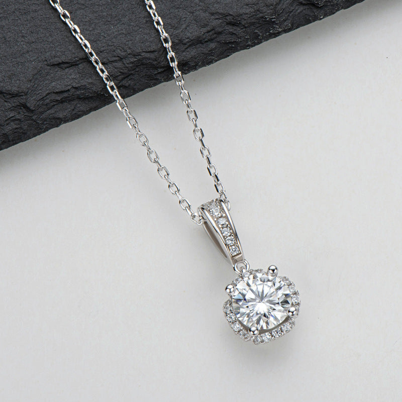 Halo Round Moissanite Sterling Silver Necklace Pendant