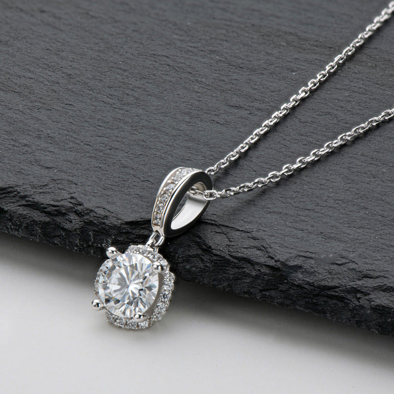 Halo Round Moissanite Sterling Silver Necklace Pendant