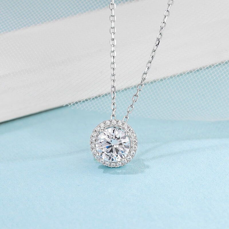 Halo Round Moissanite Sterling Silver Necklace