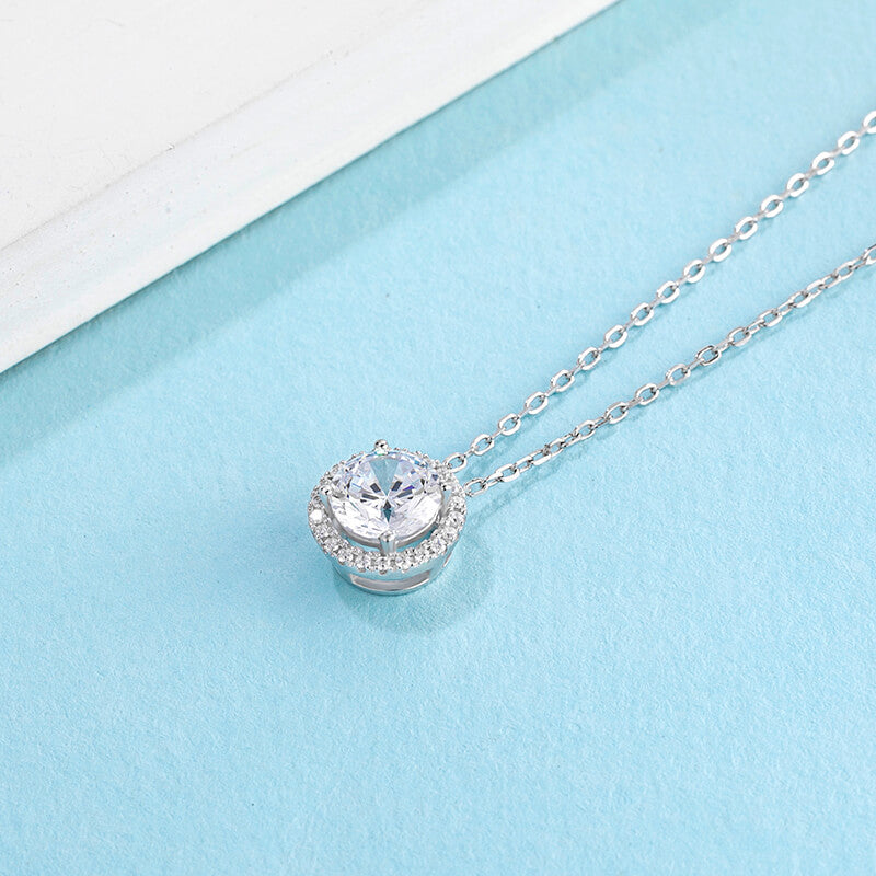 Halo Round Moissanite Sterling Silver Necklace