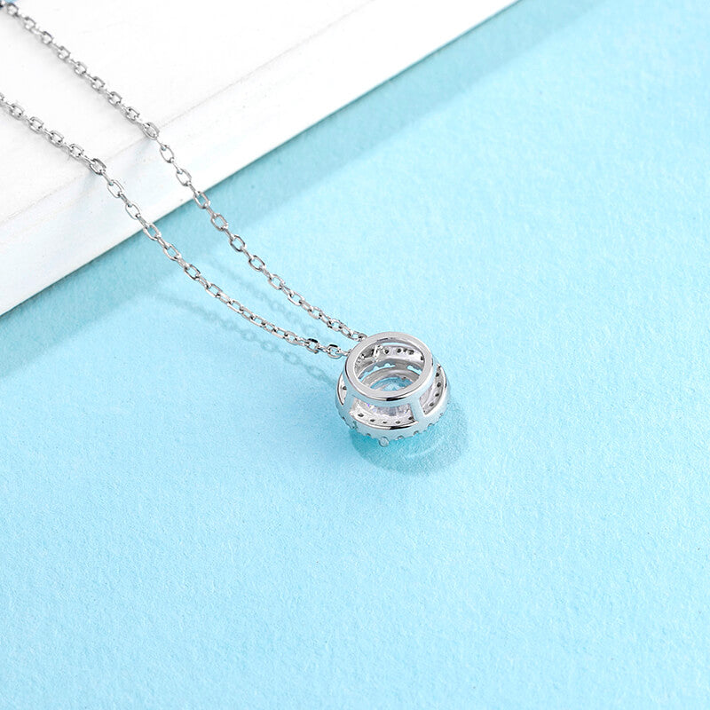 Halo Round Moissanite Sterling Silver Necklace