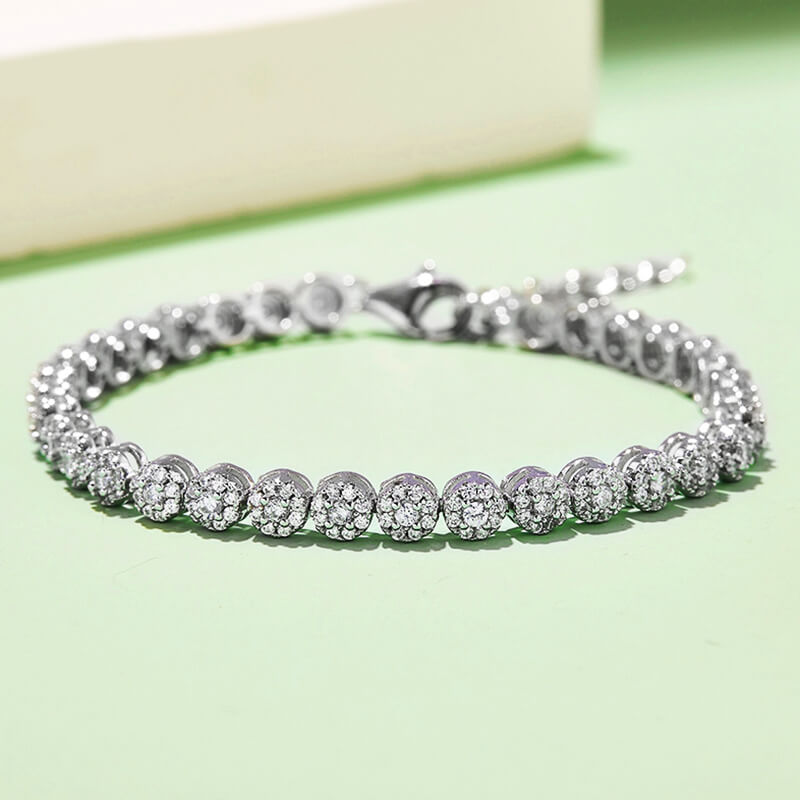 Halo Round Moissanite Tennis Sterling Silver Bracelet