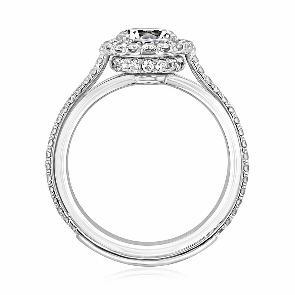 Halo Round Moissanite Triple Shank Pave Engagement Ring