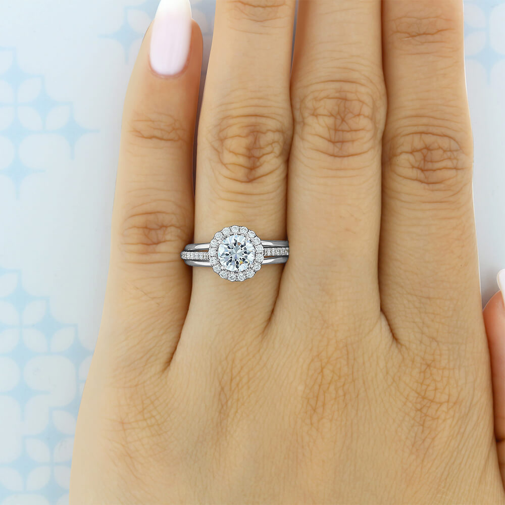 Halo Round Moissanite Triple Shank Pave Engagement Ring