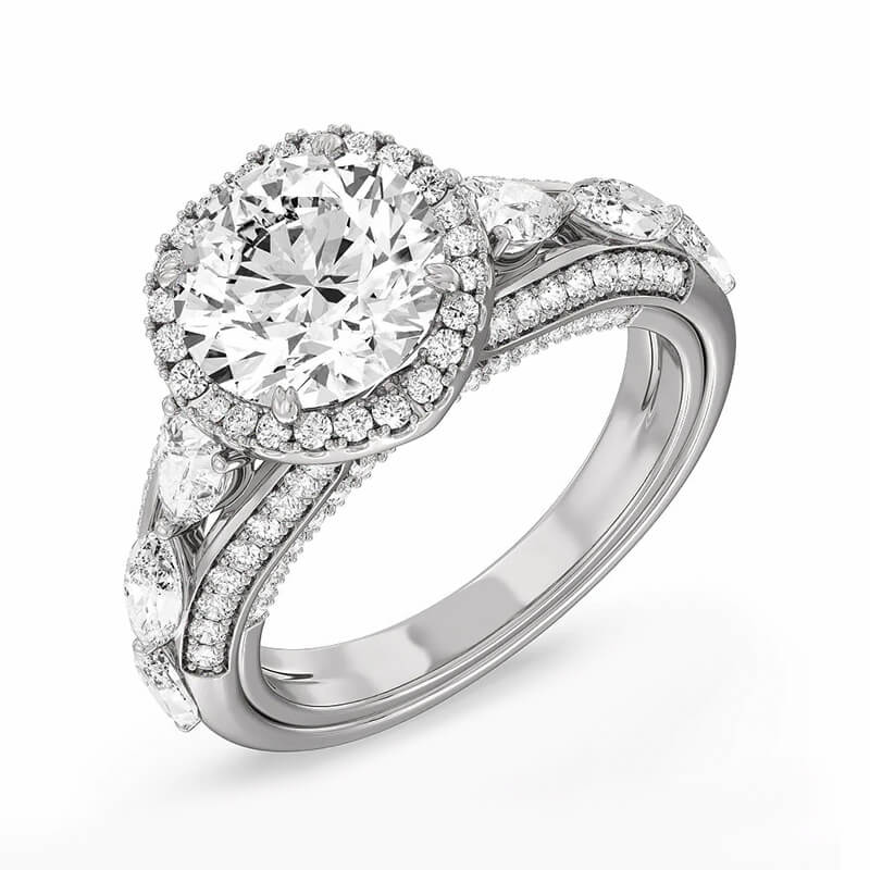 Halo Round Moissanite With Pear Side Stones Pave Engagement Ring