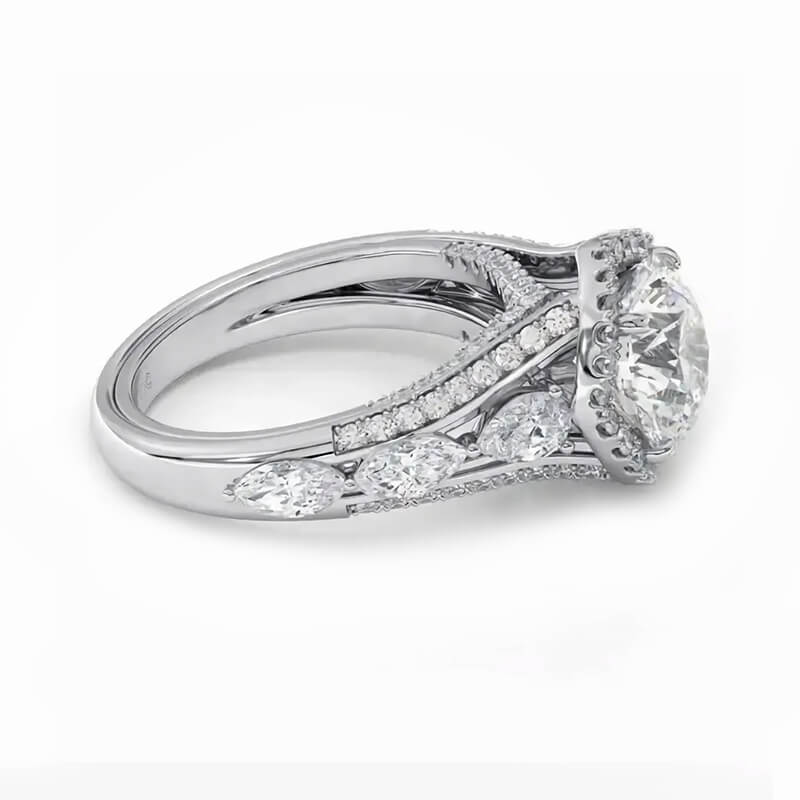 Halo Round Moissanite With Pear Side Stones Pave Engagement Ring