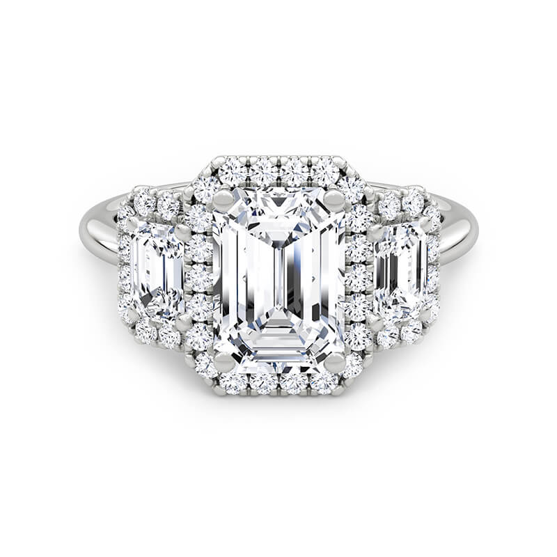 Halo Three Stone Emerald-Cut Moissanite Engagement Ring