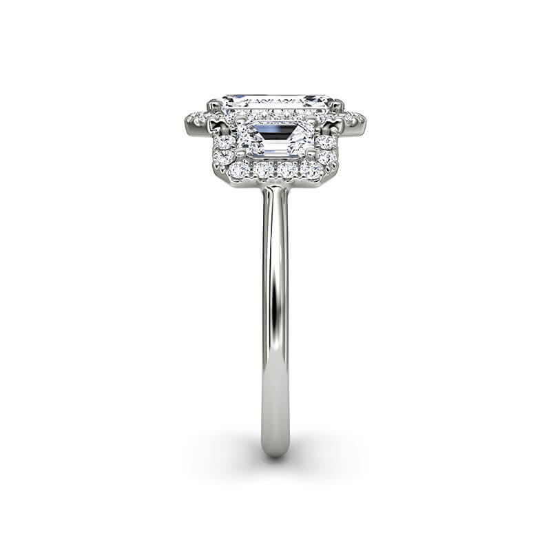 Halo Three Stone Emerald-Cut Moissanite Engagement Ring