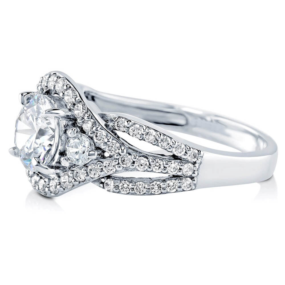 Halo Three Stone Moissanite Triple Pave Engagement Ring