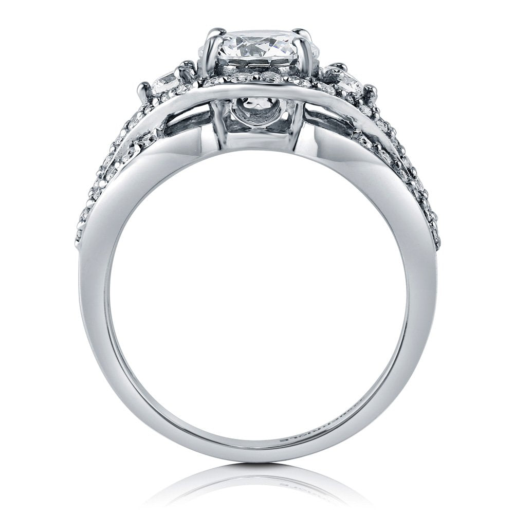 Halo Three Stone Moissanite Triple Pave Engagement Ring