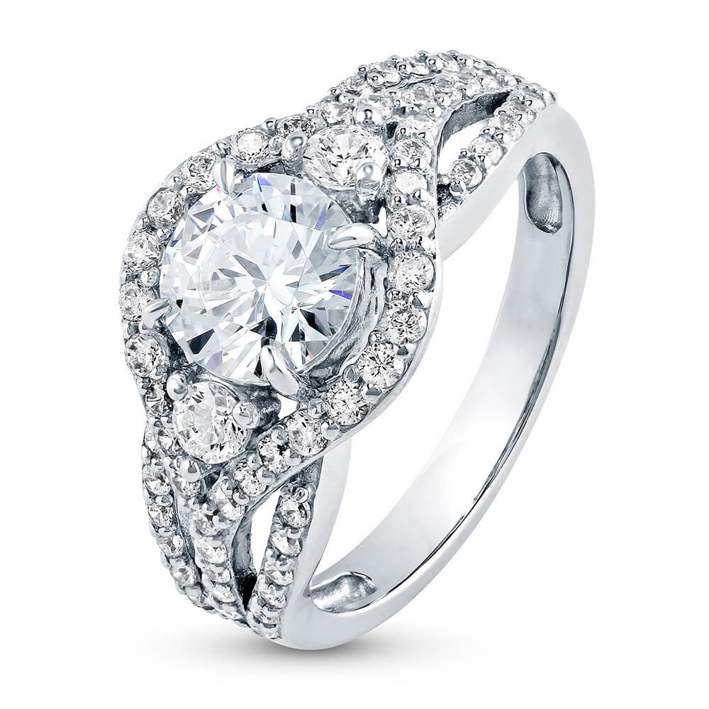 Halo Three Stone Moissanite Triple Pave Engagement Ring