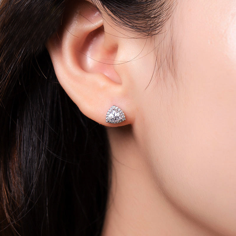 Halo Trillion Cut Moissanite Stud Earrings In Sterling Silver