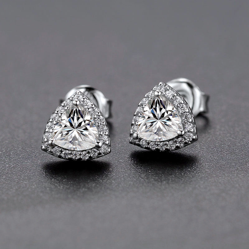 Halo Trillion Cut Moissanite Stud Earrings In Sterling Silver