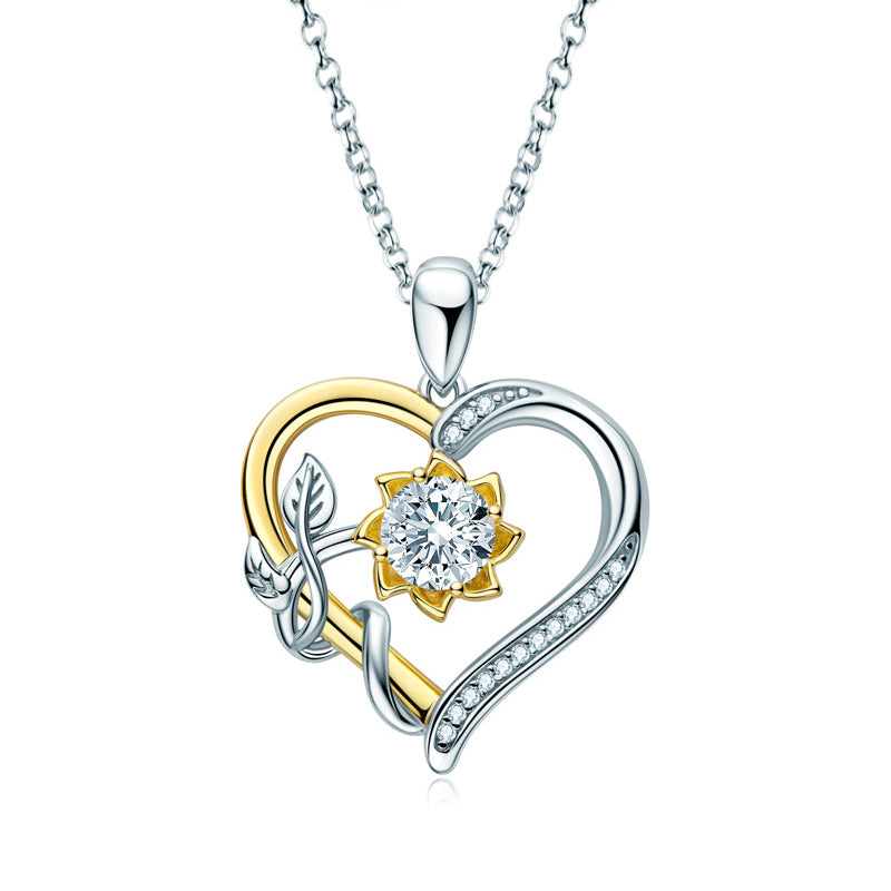 Heart Moissanite Flower Vine Two Tone Necklace in Sterling Silver