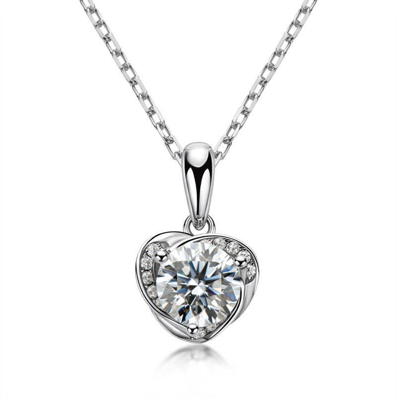 Heart Moissanite Side Stone Sterling Silver Necklace Pendant