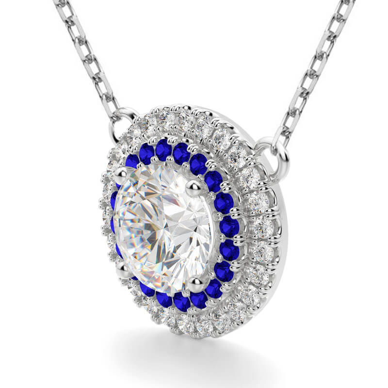 Double Halo Moissanite And Sapphire Necklace in Sterling Silver