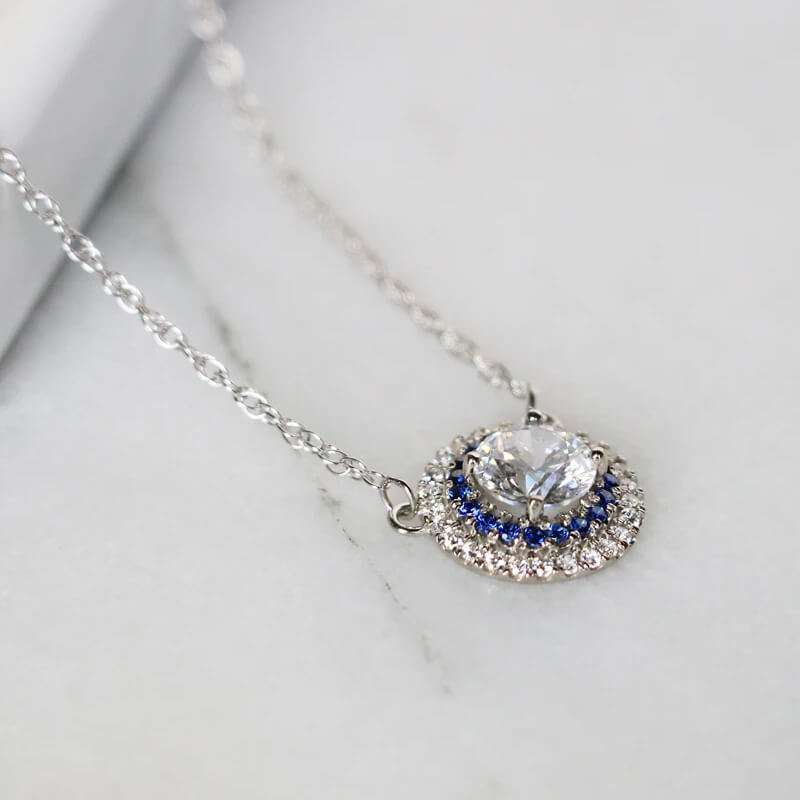 Double Halo Moissanite And Sapphire Necklace in Sterling Silver