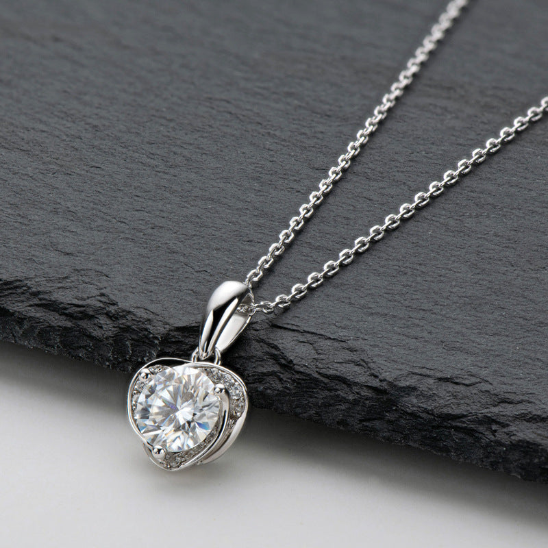 Heart Moissanite Side Stone Sterling Silver Necklace Pendant