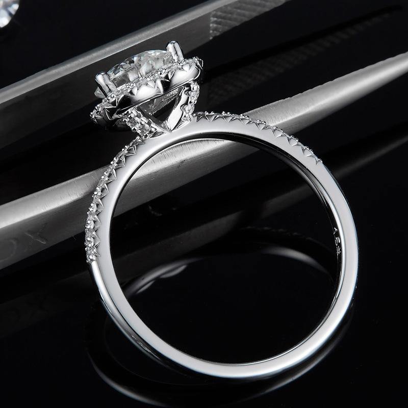 Heart Halo Round Moissanite Pave Sterling Silver Engagement Ring