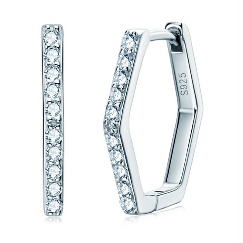 Hexagon Hoop Moissanite Pave Earrings In Sterling Silver