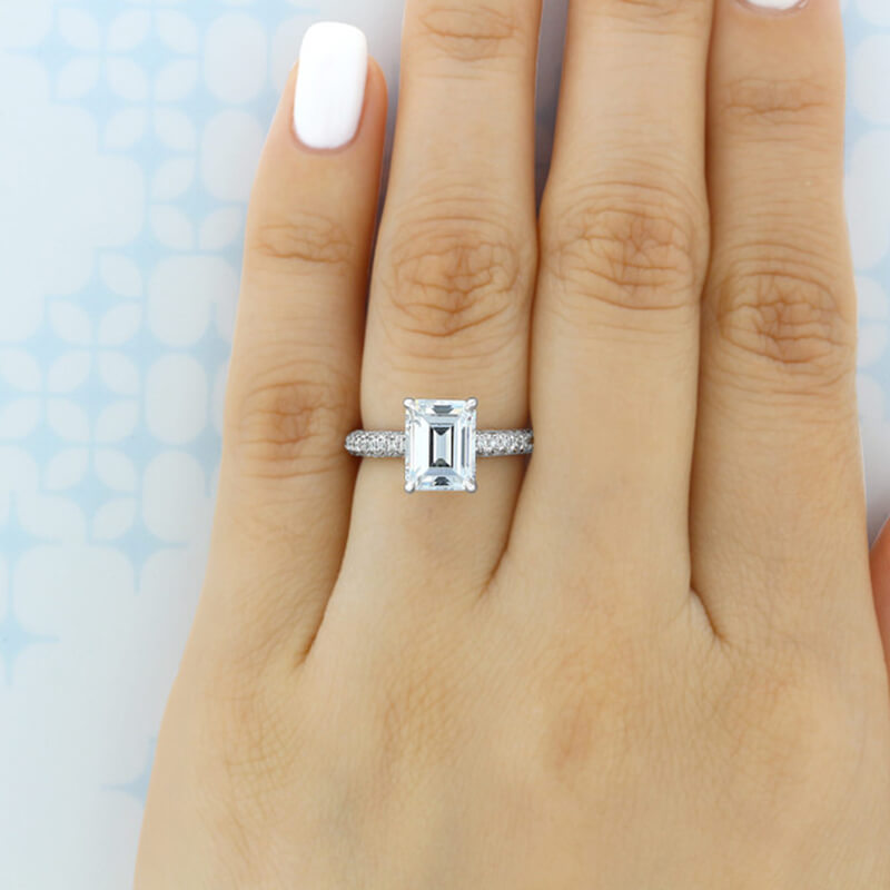 Hidden Halo Emerald-Cut Moissanite Pave Engagement Ring