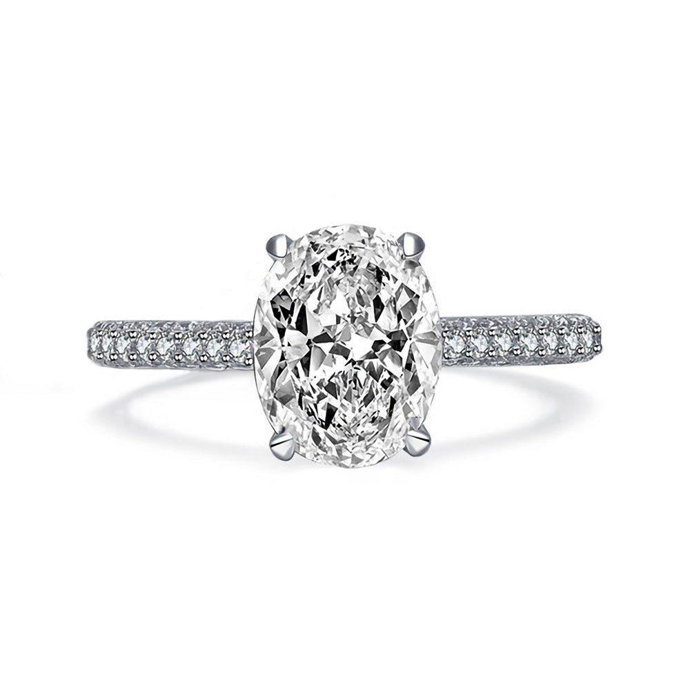 Hidden Halo Oval Moissanite Triple Row Pave Engagement Ring