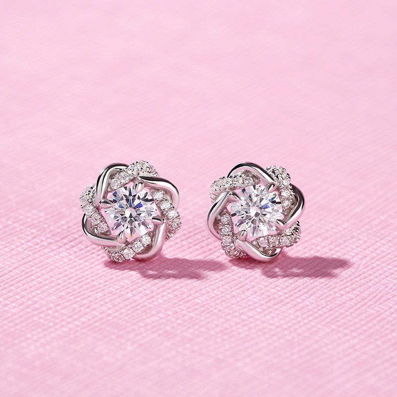 Love Knot Round Moissanite Sterling Silver Earrings