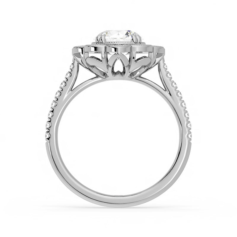 Milgrain Floral Halo Moissanite Pave Engagement Ring