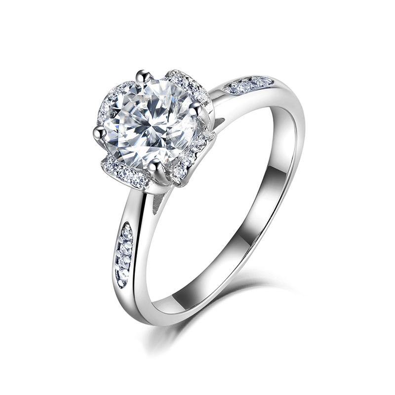 Moissanite Fashion Flower Side Stone Sterling Silver Wedding Ring