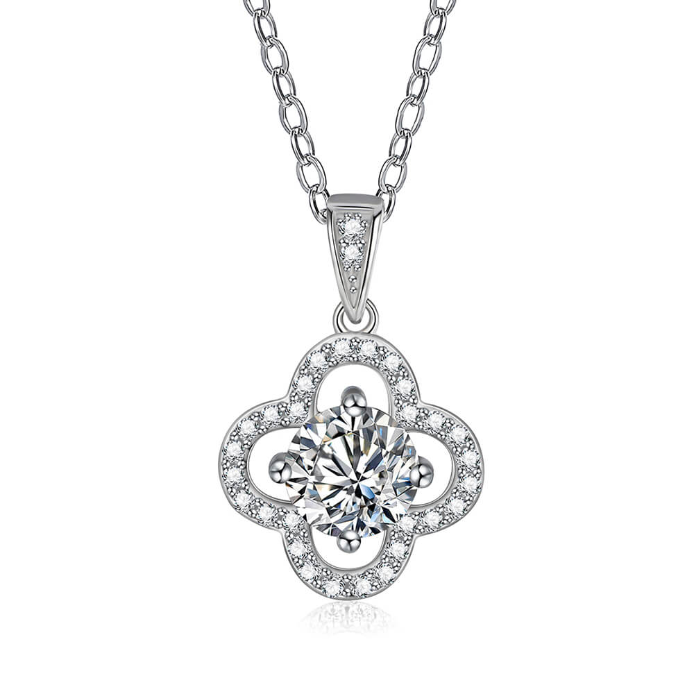 Moissanite Four Leaf Clover Pave Charm Necklace in Sterling Silver